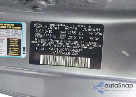 2011 Hyundai Genesis 2.0T from USA, damaged, VIN KMHHT6KD2BU046837